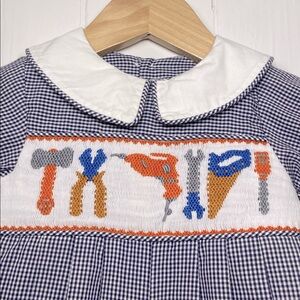 RARE! REMEMBER NGUYEN EUC Boys Smocked Tools Gingham Peter Pan Collar Romper